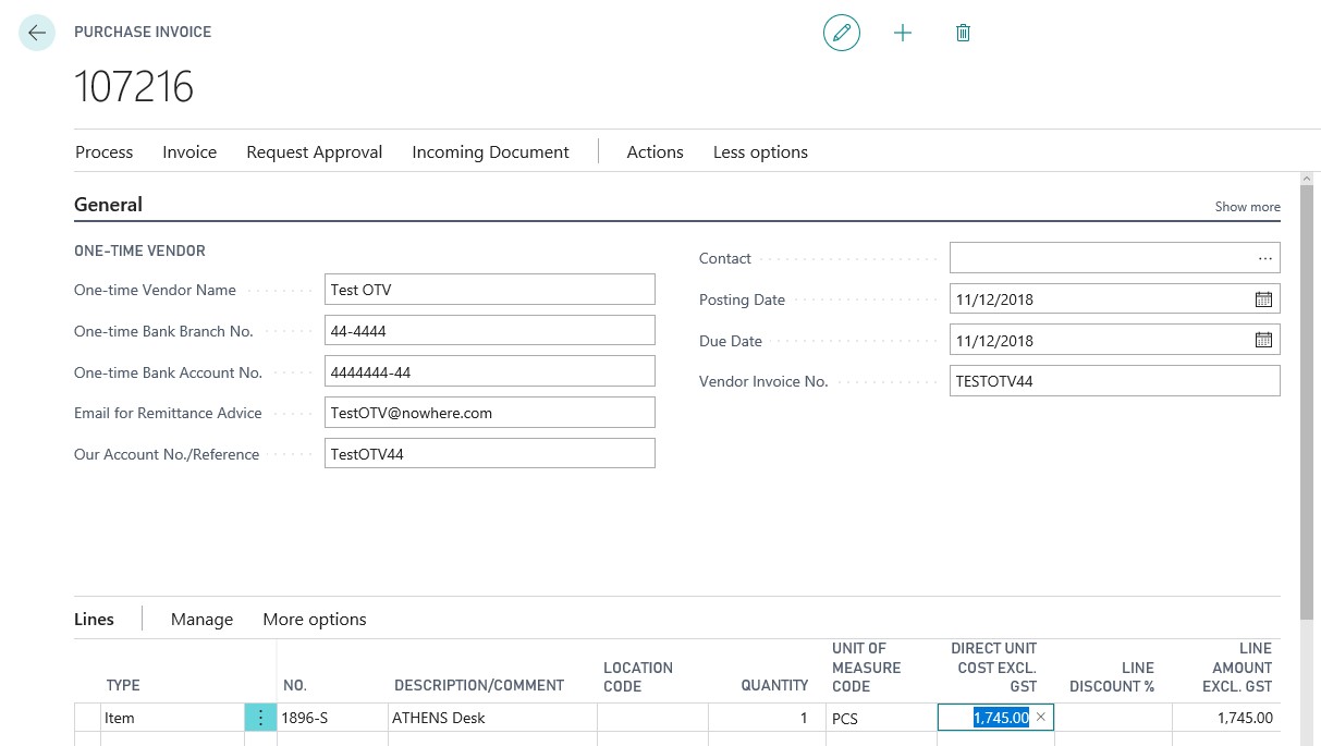One time vendor purchase invoice fields completed